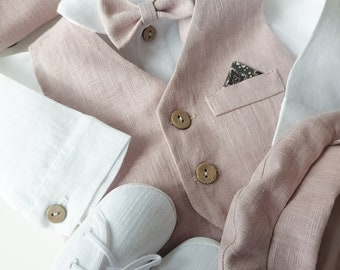 Rose Gold Linen Baby Boy Baptism Outfit: Vest, Bow Tie, Pants