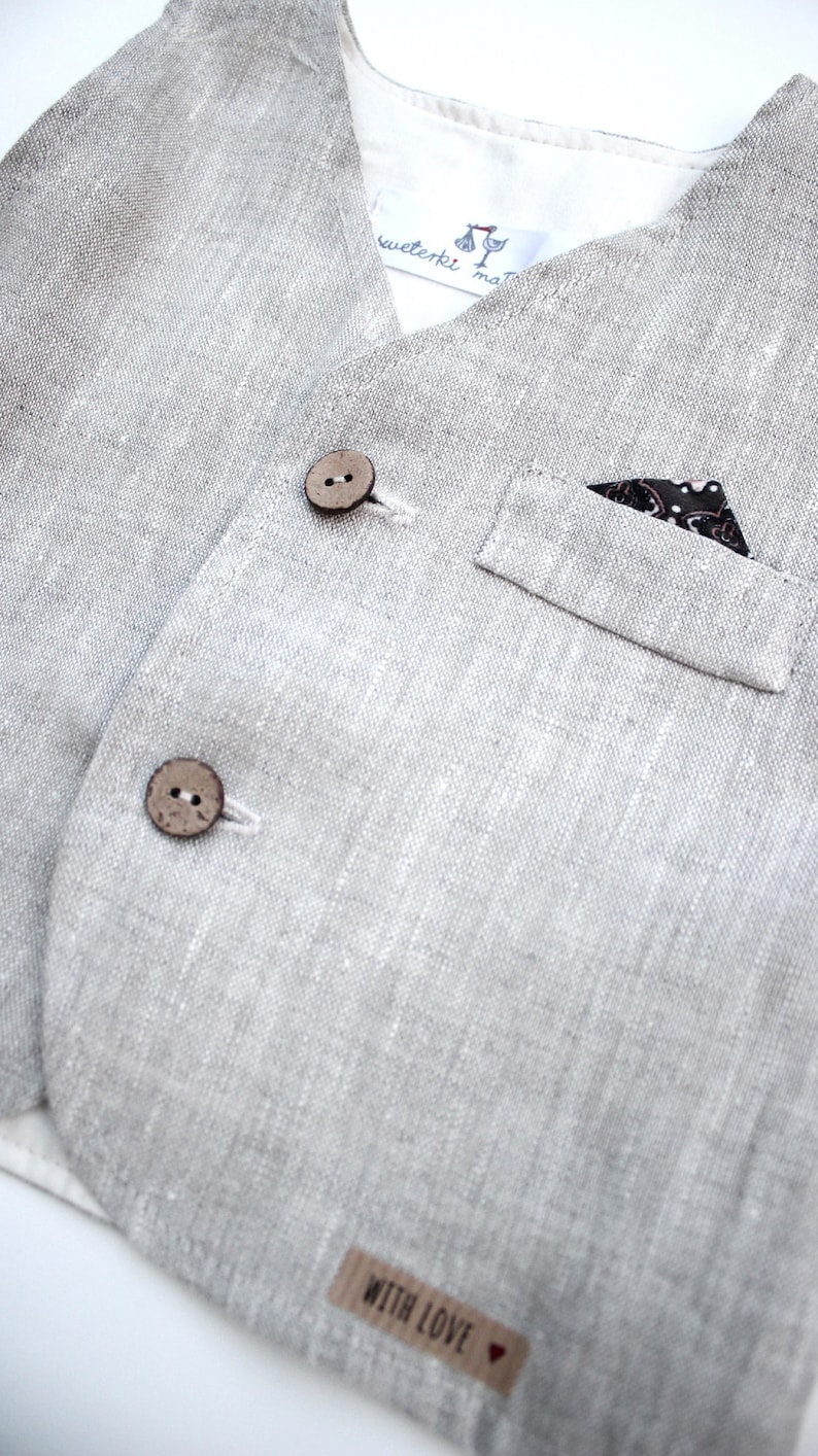 Linen Beige Vest for baby boy Baptism vest coconut buttons Beige baptism linen outfit