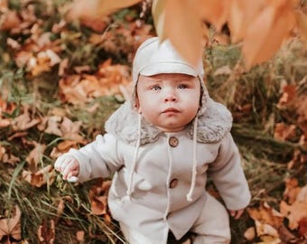 Beige Linen Baby Boy Christening Outfit: Fleece Coat, Warm Hat - 6 Piece Set