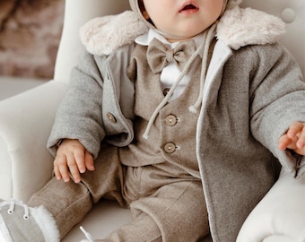 Wool Baby Boy Coat: Gray Herringbone Winter Jacket with Teddy Collar