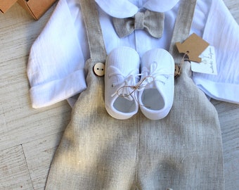 4-parts baptism kit/12-18 Months Christening set for boy, LINEN , Baptism, BEIGE Linen,  Classic Baptism Outfit, Clothes for Boy