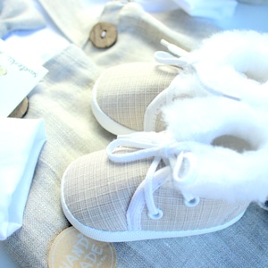 NEW 100 % Linen Christening Outfit  insulated shoes NATURAL BEIGE 6p. Beige Outfit Linen Outfit for Boy Gray Coat for Boy Fall Winter 23/24