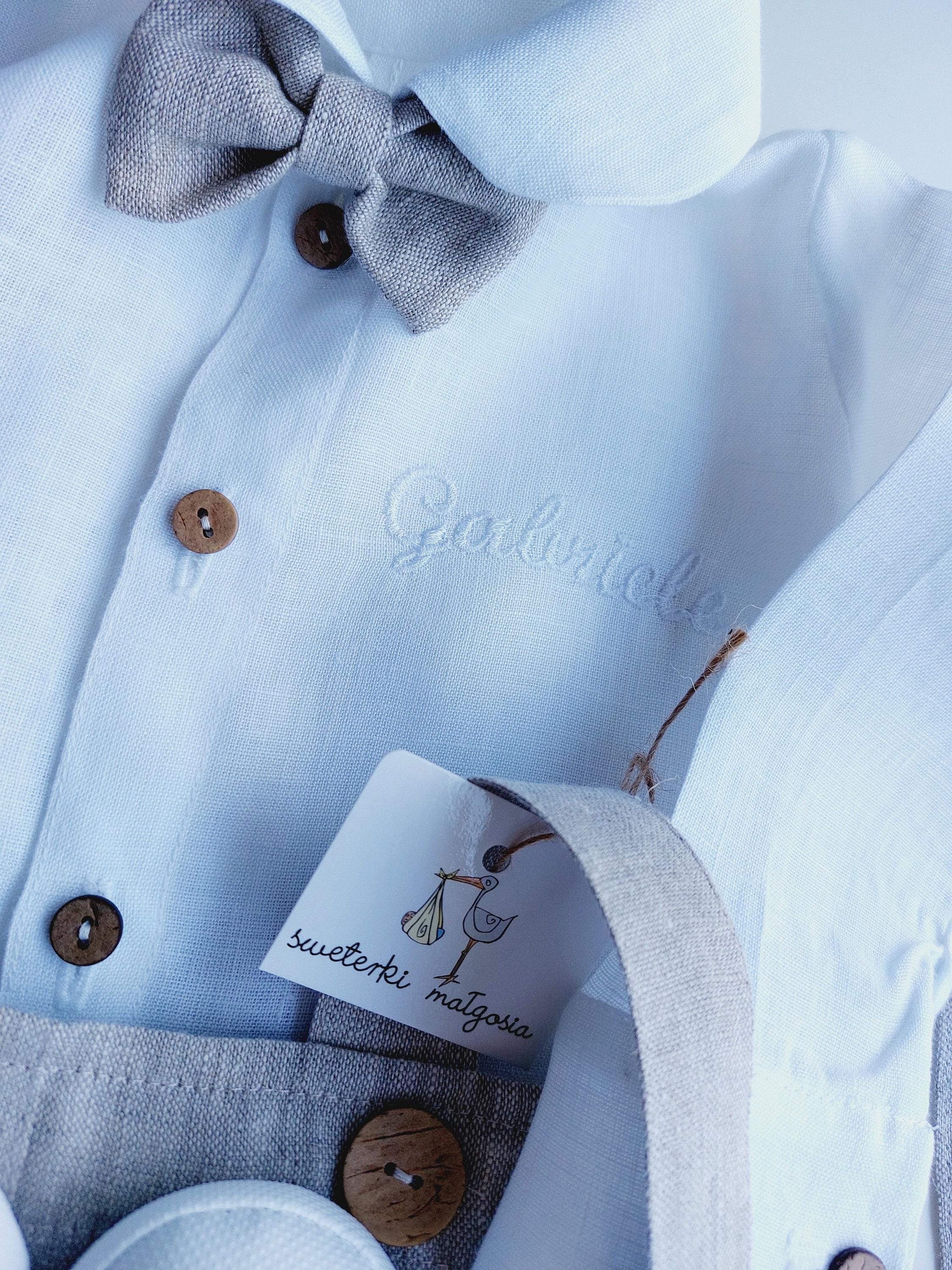 Linen Christening Shirt Bodysuit: White Baptism Shirt, Wooden Buttons