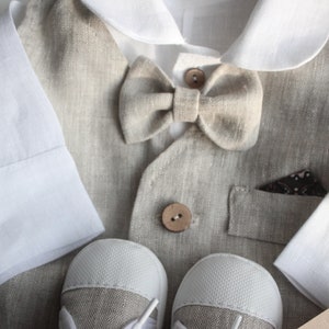 Linen Beige Vest for baby boy Baptism vest coconut buttons Beige baptism linen outfit