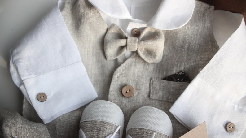 Linen Beige Vest for baby boy Baptism vest coconut buttons Beige baptism linen outfit