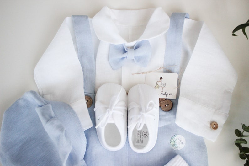 5 pcs. MIX 100% LINEN Baptism Outfit for a boy summer Baby Blue Linen Pants Linen Shirt Bow tie Christening Linen Outfit Love Details image 5