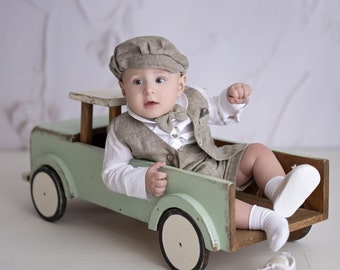Conjunto de LINO de espiga beige para niños pequeños, pantalones de lino beige, traje de lino de bautizo, beige, bautismo de bebé