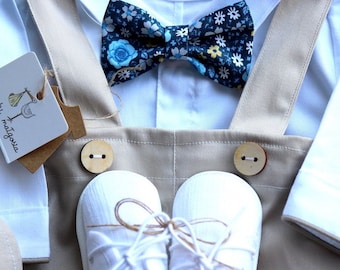 Beige Linen Baby Boy Christening Set: Jacket, Suspenders, Cap