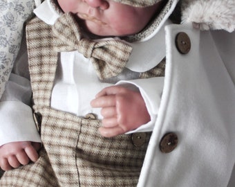 Christening set for a boy Wool Beige Check 7pcs Beige Baptism clothes Coat Hat Boy Linen baby clothes Baptism Outfit for boy Autumn Baptism