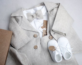 100% linen Jacket  for a boy / Beige baptism Jacket we LOVE details coconut buttons