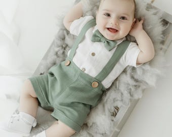 SPECIAL OFFER /5 parts Linen Christening Outfit for Boy: Green Baptism Set
