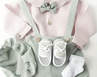 Baby Boy Linen Outfit: Pink Bodysuit, Green Shorts, Bow Tie