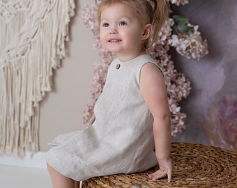 BEIGE linen dress for baby girl, boho linen babygirl dress, rustic linen, linen baby clothes, baby girl dress, organic linen dress