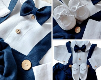 LINEN Baptism Outfit for a boy NAVY BLUE Linen Pants Linen Bodysuit Bow tie Christening Linen Outfit Love Details Kids wear Linen Suit