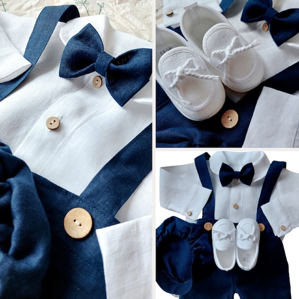 lin tenue de baptême pour un garçon pantalon en lin bleu marine chemise en lin noeud papillon tenue en lin amour détails