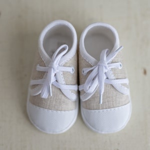 baby boy baptism shoes beige linen sneakers