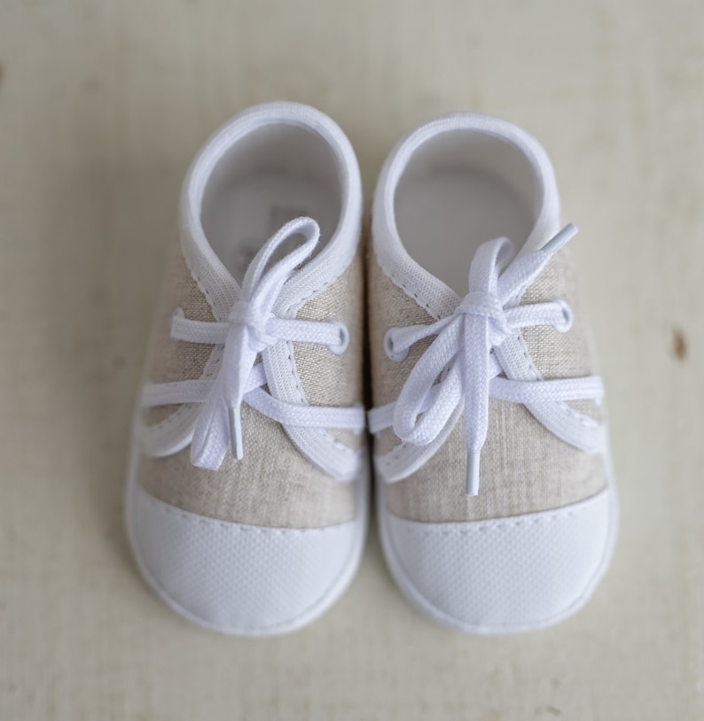 baby boy baptism shoes beige linen sneakers