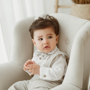 Beige Linen Baby Boy Christening Outfit: 5-Piece Baptism Set