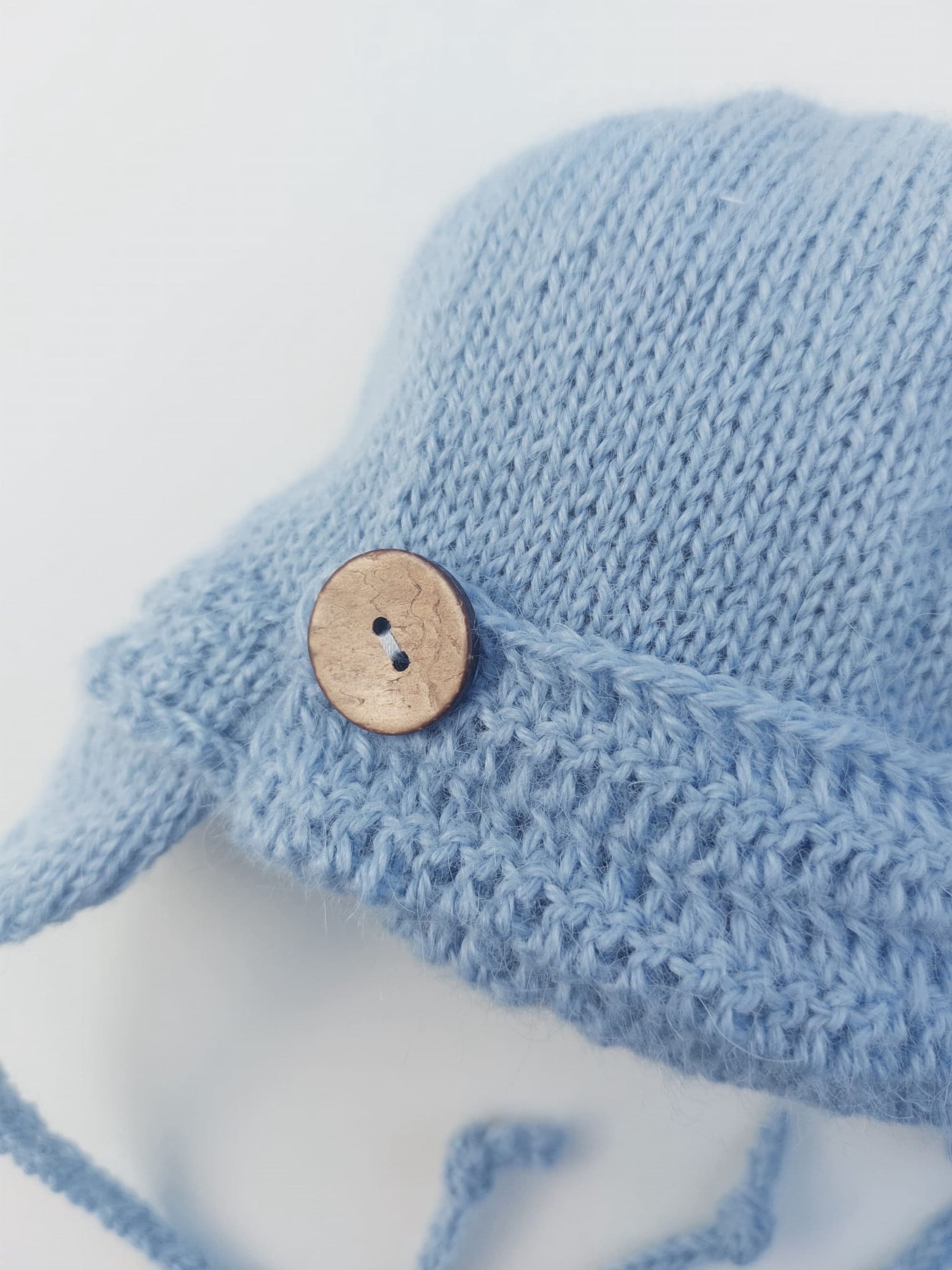 Hand-knitted Baby Alpaca Bonnet: Blue Wool Cap With Coconut