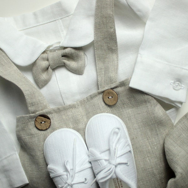 100 % Beige Linen Christening Outfit Baptism Outfit Linen White Shirt-body Beige Linen Pants Outfit for Boy Christening Style