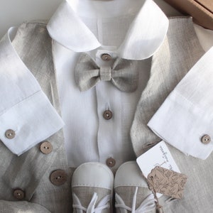 Linen Beige Vest for baby boy Baptism vest coconut buttons Beige baptism linen