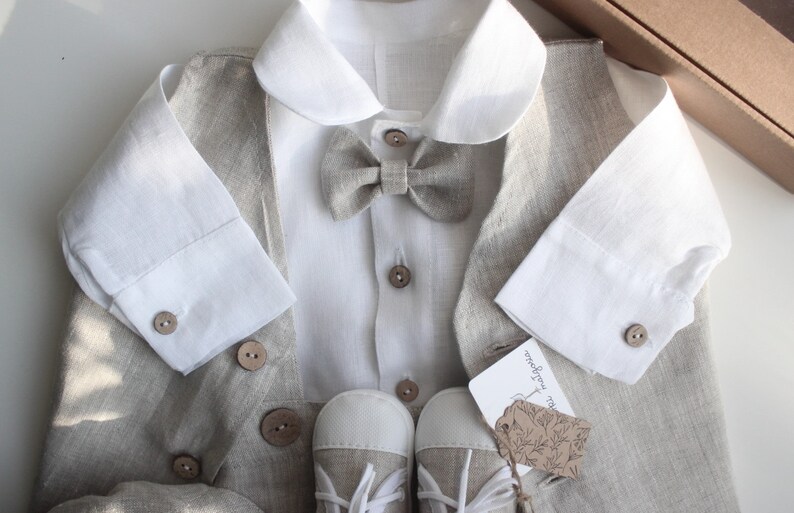 Linen Beige Vest for baby boy Baptism vest coconut buttons Beige baptism linen