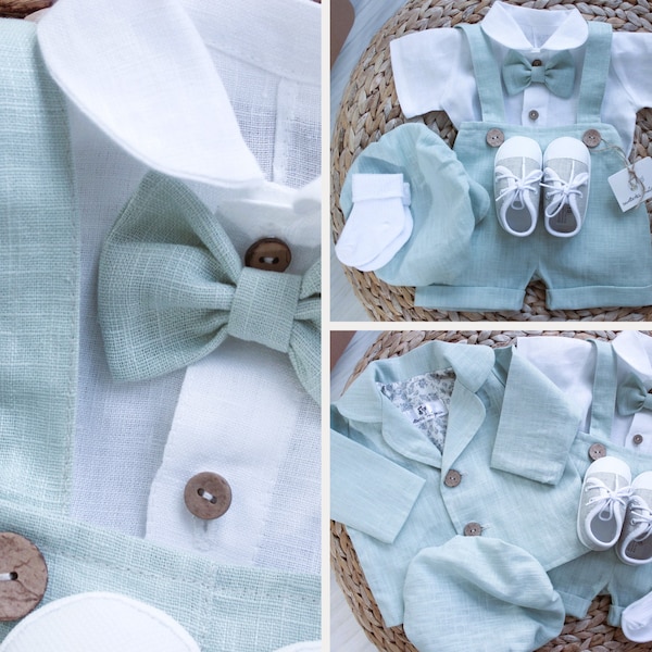 Boys MINT Linen Outfit Baptism Set Outfit for a Boy Linen mint Pants Bow tie Bodysuit optional shoes Jacket Christening toddler linen suits