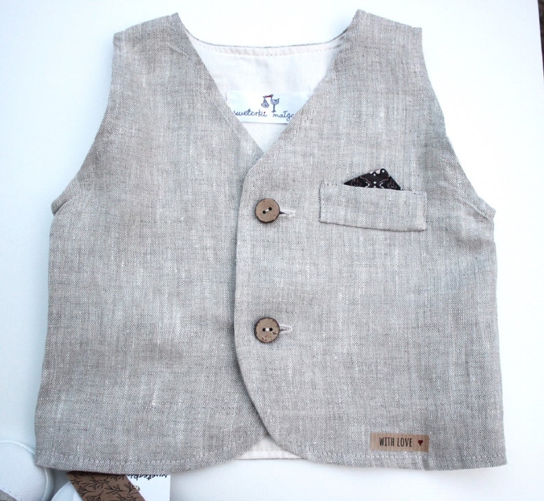 Linen Beige Vest for baby boy Baptism vest coconut buttons Beige baptism linen outfit
