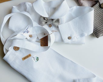 Linen Baptism set for a boy WHITE Linen Pants white shirt body christening outfit 3 pieces linen bow tie Love details
