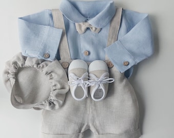 Baby boy linen outfit Toddler suit Baptism Linen Set Christening summer suit Blue Bodysuit Shorts Bow tie optional Shoes Hat Baby boy gift