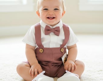 Burgundy Linen Christening Outfit for Boy: Summer Baptism Set
