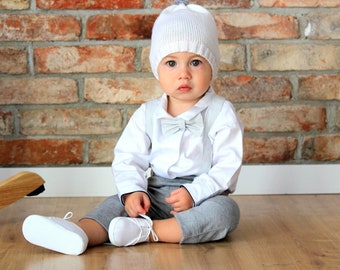 Baptism set, baby boy set, gray baptism outfits, pompom cap, pants and suspenders, GRAY outfit, Boy baptism, perfect day, christening outfit