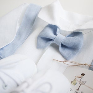 5 pcs. MIX 100% LINEN Baptism Outfit for a boy summer Baby Blue Linen Pants Linen Shirt Bow tie Christening Linen Outfit Love Details image 4