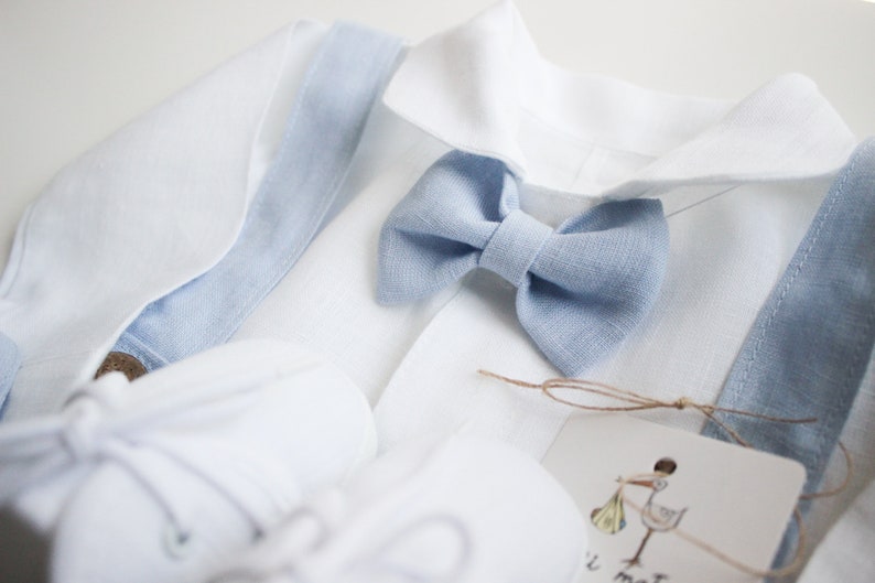 5 pcs. MIX 100% LINEN Baptism Outfit for a boy summer Baby Blue Linen Pants Linen Shirt Bow tie Christening Linen Outfit Love Details image 4