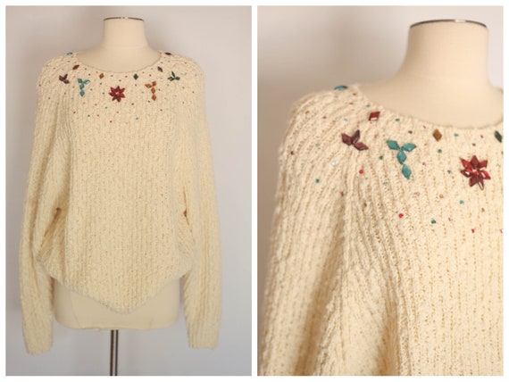 vintage 80s cream rhinestone chunky cream oversize