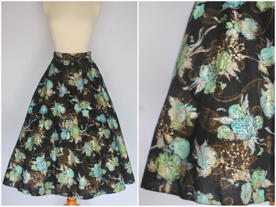 1950's Skirt, Black Novelty Skirt, High Waist Skir