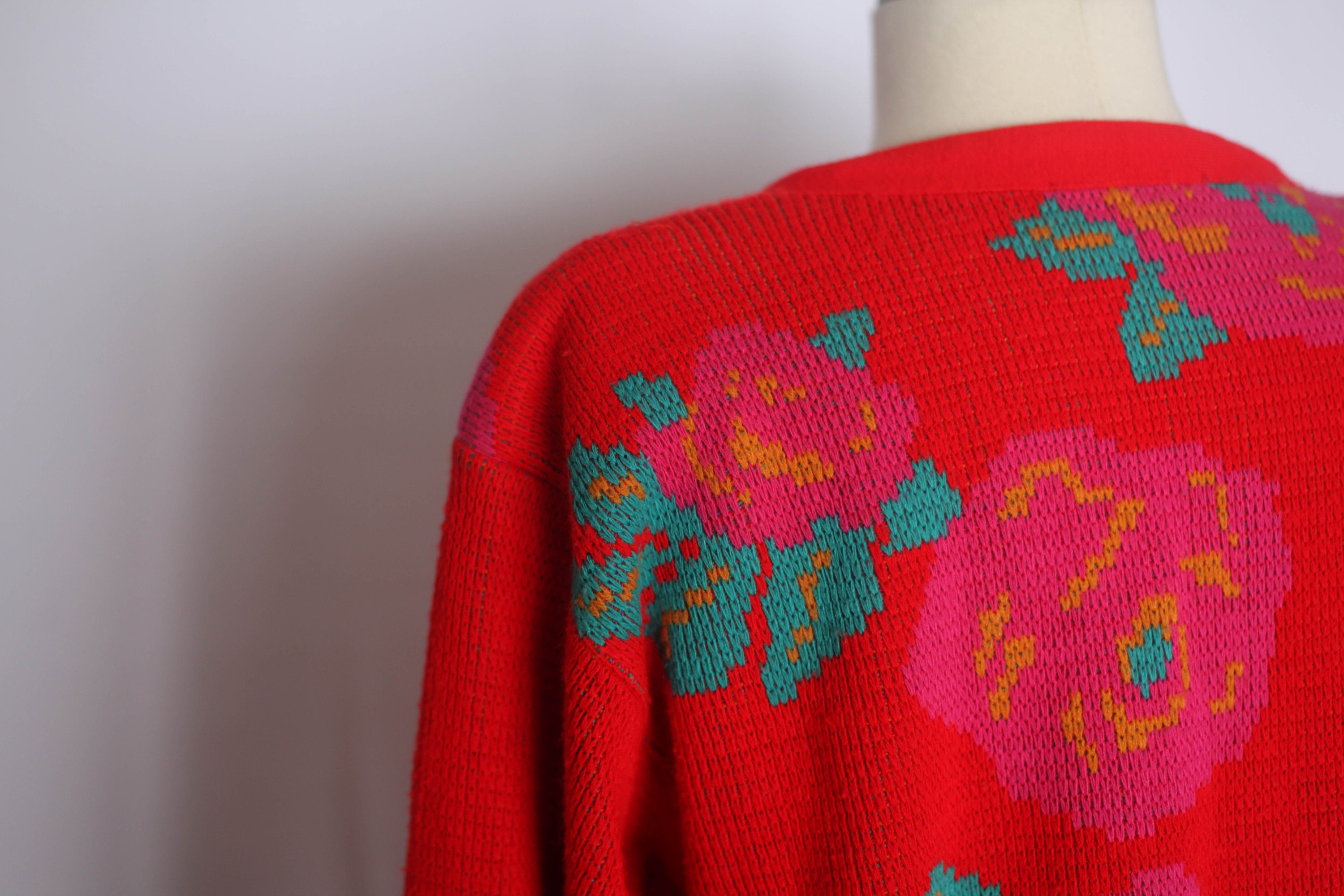 Vintage red rose print sweater pullover red and pink sweater | Etsy