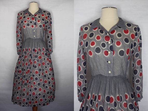 Vintage 1940s Red Blue Polka dot sheer dress, xs 1