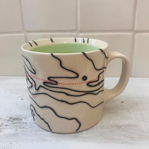 Lake Awosting Mug | 10-12 oz | Spring Green Interior | Handmade Topographic Map Pottery