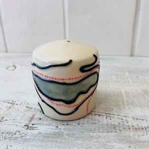 May include: A ceramic salt shaker with a cream-colored base. The design features black, wavy lines and a central gray shape, accented with small red dots. The shaker has a single hole on top.