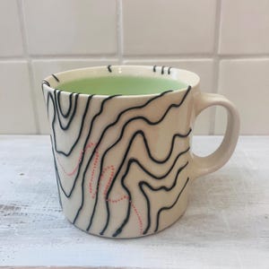 Lake Mohonk Mug | 10-12 oz | Spring Green Interior | Handmade Topographic Map Pottery