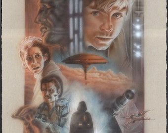 Puede incluir: Un póster de la película Star Wars vintage con Luke Skywalker, Darth Vader y otros personajes. La obra de arte es un dibujo al pastel con una paleta de colores cálidos, que muestra escenas y personajes icónicos de la película.