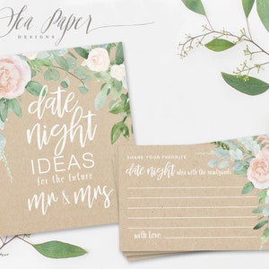 Printable Date Night Ideas Sign and Cards, Bridal Shower Game, Date Night for Mr. & Mrs., Pink Roses, Greenery, INSTANT DOWNLOAD, Kraft MILA