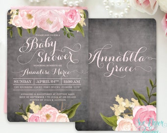 Baby Girl Shower Invitation, Floral Baby Shower Invite, Girl Baby Shower Invite Blush Pink Roses Peonies Chalkboard, Printed Printable Emily