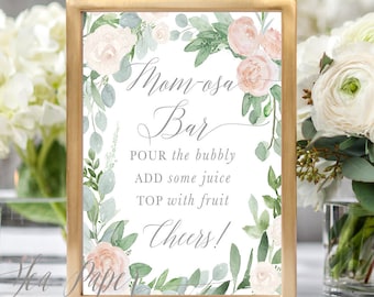 Placa de bar Mom-osa para impressão, placa de bar Mom-osa para chá de bebê, Mimosa Bar, placa de bar Momosa, rosas blush e vegetação rústica, 5x7, 8x10 - MILA
