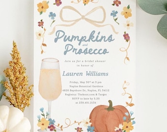 PRINTED Pumpkins & Prosecco Bridal Shower Invitation with Envelopes - Hand Painted Bow Fall Invites