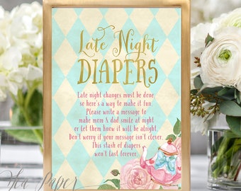 Alice in Wonderland Late Night Diapers Game, Printable Baby Shower Game Sign - Alice in Wonderland Printable, INSTANT DOWNLOAD, Alice