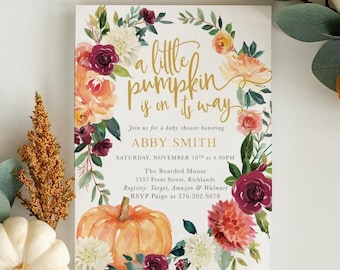 PRINTED A little Pumpkin is on Its Way Invitations: Fall Baby Shower Invites and Envelopes - Fall 7