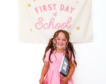 First Day School Banner - Easy to Hang for First Day of School Photos or Party Backdrops - Natural and Pink