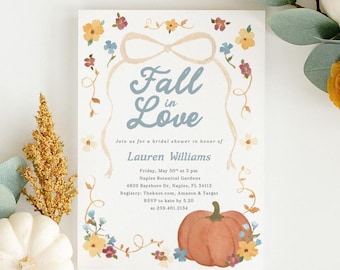 Printed Fall in Love Bridal Shower Invitation with Envelopes - Bow Pumpkin Bridal Invite Bundle